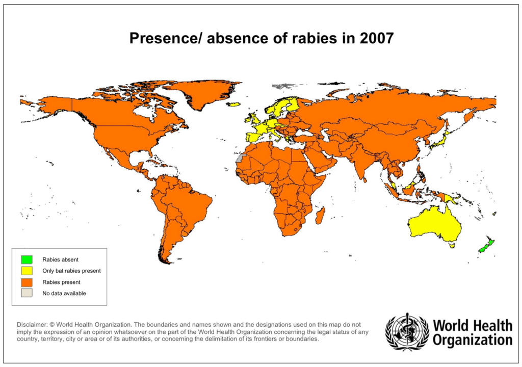 El mapa nos presenta la presencia/ausencia de casos de rabia en el año 2007